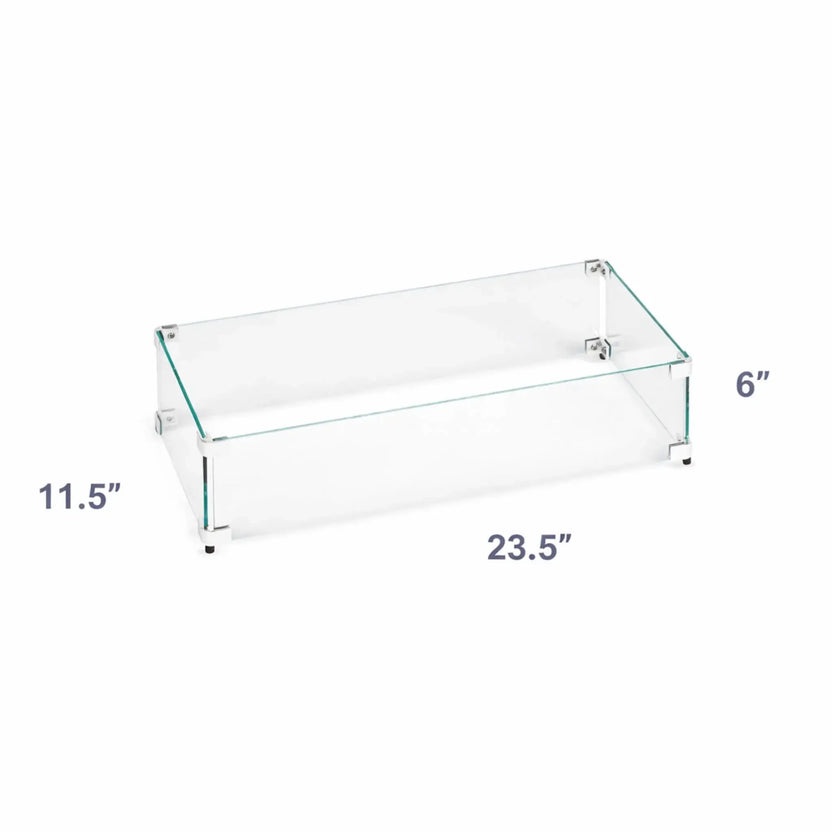 Rectangular fire pit tempered glass wind guard shown with labeled dimensions, highlighting an 23.5-inch length and 6-inch depth and 6" Height for compact fire pit installations.