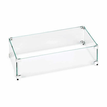 Rectangular tempered glass wind guard designed for a small outdoor fire pit, featuring clear heat-resistant glass panels secured with stainless steel corner brackets on a white background.