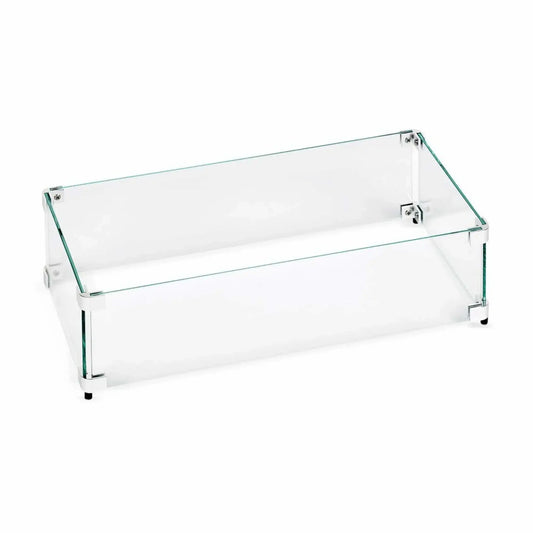 Rectangular tempered glass wind guard designed for a small outdoor fire pit, featuring clear heat-resistant glass panels secured with stainless steel corner brackets on a white background.