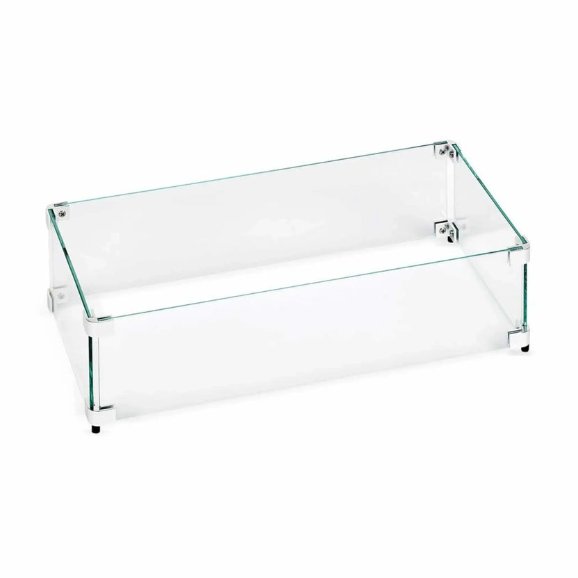Rectangular tempered glass wind guard designed for a small outdoor fire pit, featuring clear heat-resistant glass panels secured with stainless steel corner brackets on a white background.