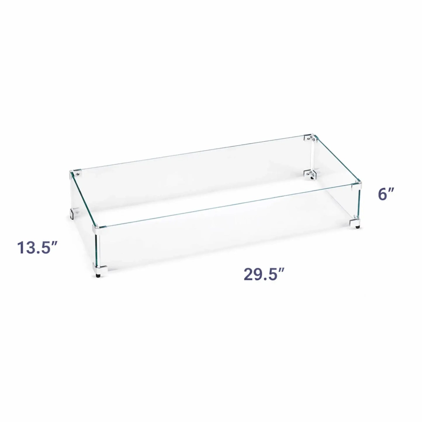 Dimensioned image of a rectangular tempered glass fire pit wind guard measuring 29.5 inches wide by 8 inches depth, and 6" Height, ideal for medium-sized fire pit burners.