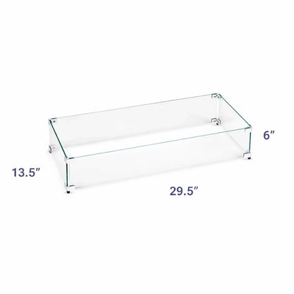 Dimensioned image of a rectangular tempered glass fire pit wind guard measuring 29.5 inches wide by 8 inches depth, and 6" Height, ideal for medium-sized fire pit burners.
