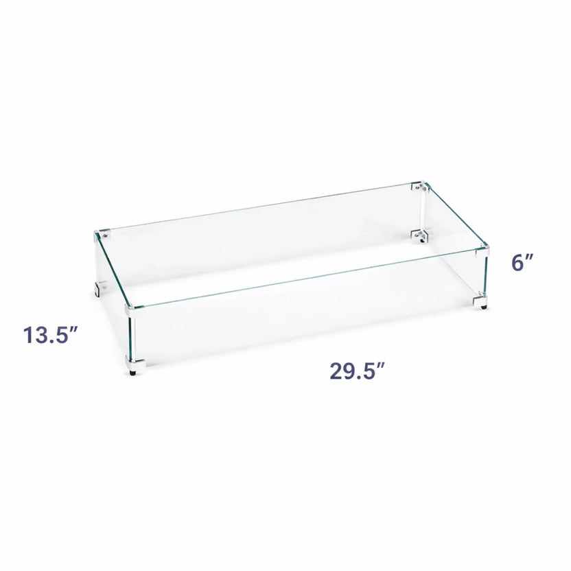 Dimensioned image of a rectangular tempered glass fire pit wind guard measuring 29.5 inches wide by 8 inches depth, and 6" Height, ideal for medium-sized fire pit burners.