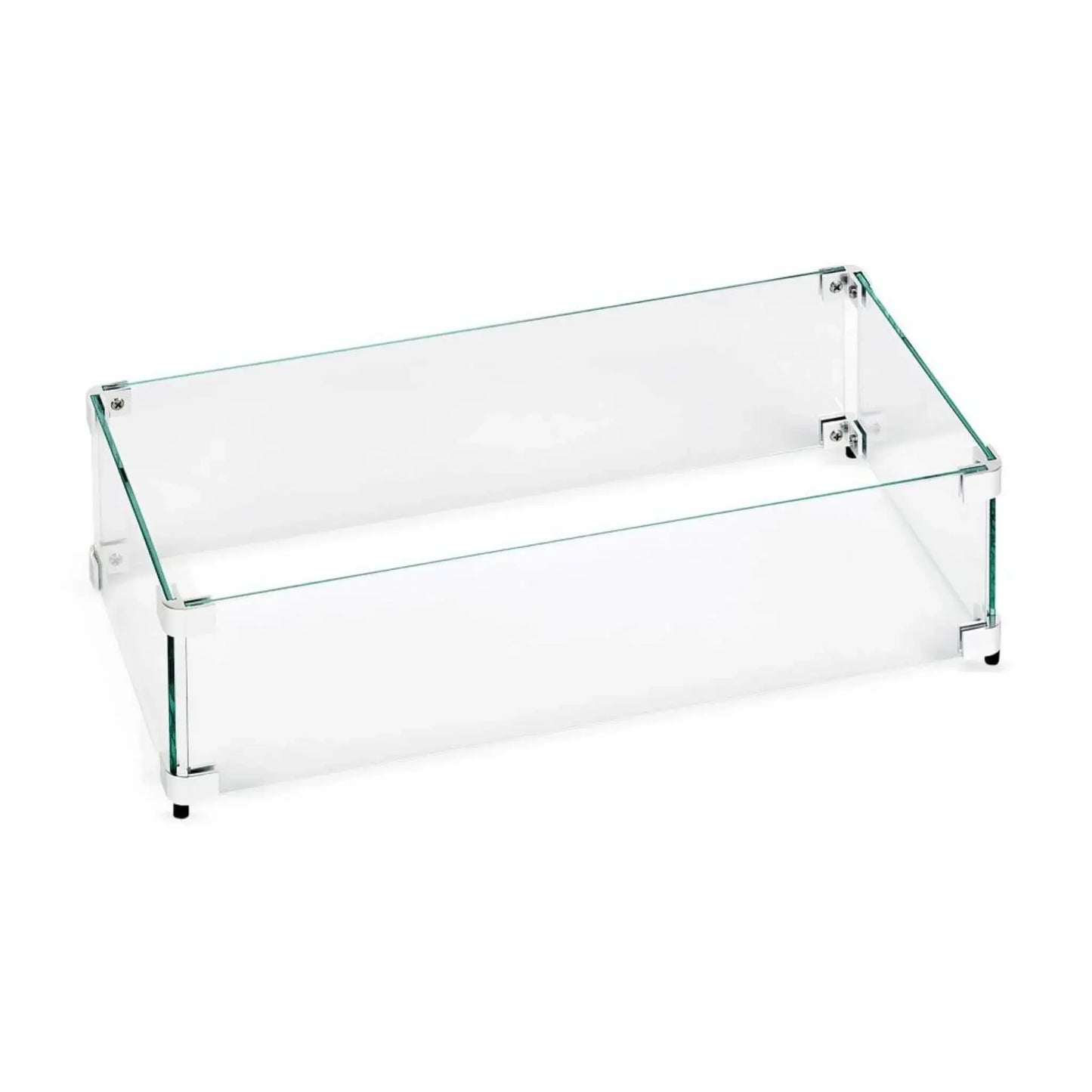 Clear rectangular tempered glass wind guard for outdoor fire pits, built with polished glass panels and metal mounting hardware for wind protection and flame stability.