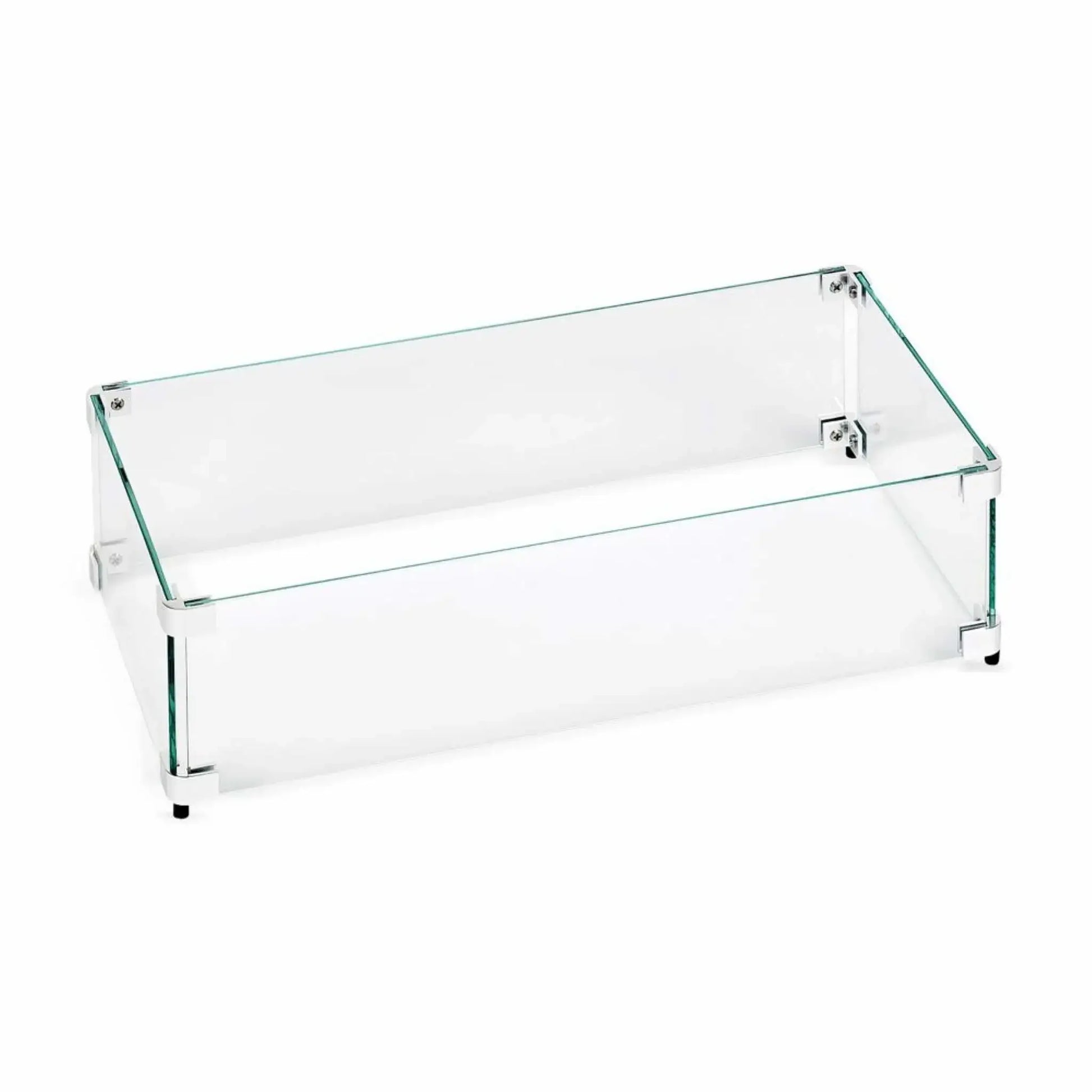 Clear rectangular tempered glass wind guard for outdoor fire pits, built with polished glass panels and metal mounting hardware for wind protection and flame stability.