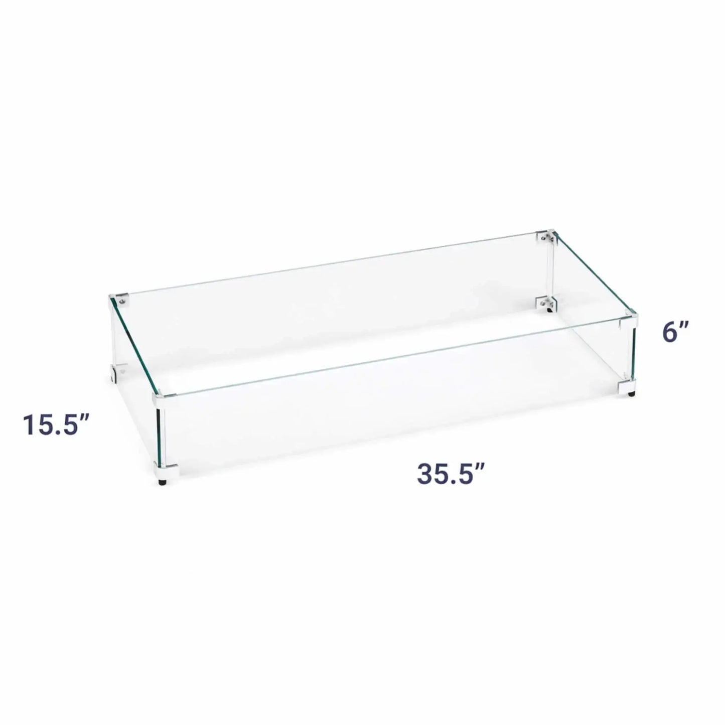 Rectangular tempered glass wind guard with visible measurements, showing a 35.5-inch length and 15.5-inch depth and 6" height for enhanced flame protection on outdoor fire pits.