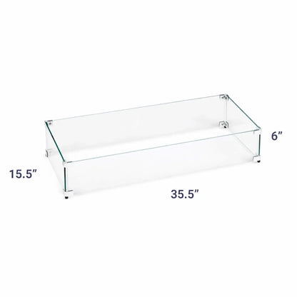 Rectangular tempered glass wind guard with visible measurements, showing a 35.5-inch length and 15.5-inch depth and 6" height for enhanced flame protection on outdoor fire pits.