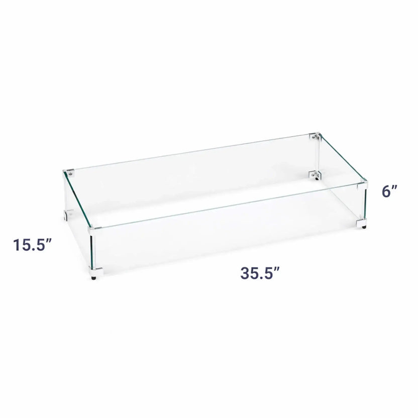 Rectangular tempered glass wind guard with visible measurements, showing a 35.5-inch length and 15.5-inch depth and 6" height for enhanced flame protection on outdoor fire pits.