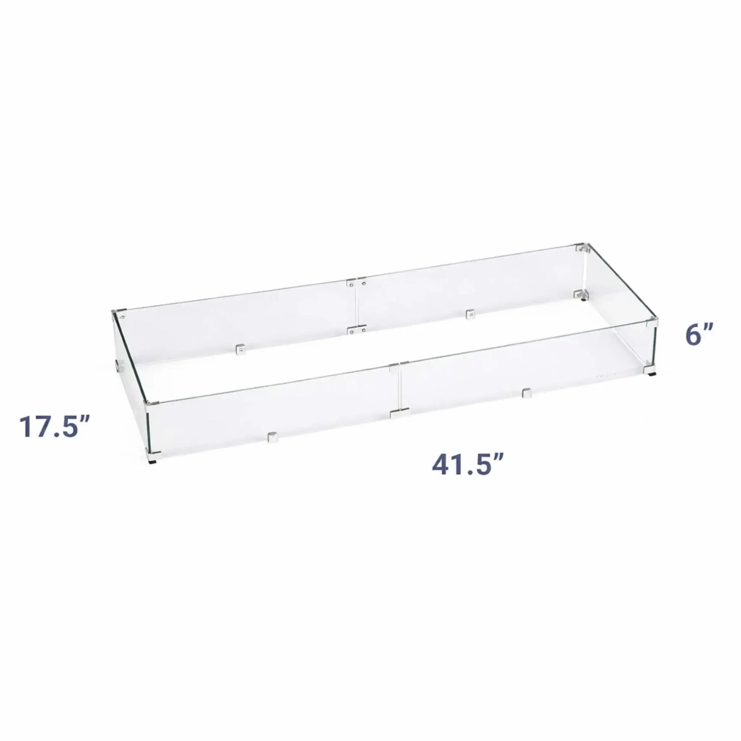 Measurement diagram of a rectangular tempered glass fire pit wind guard displaying a 41.5-inch width and 17.5-inch depth and 6" height for wider linear fire pit installations.