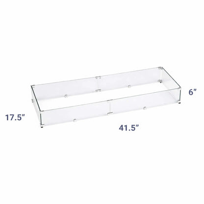 Measurement diagram of a rectangular tempered glass fire pit wind guard displaying a 41.5-inch width and 17.5-inch depth and 6" height for wider linear fire pit installations.