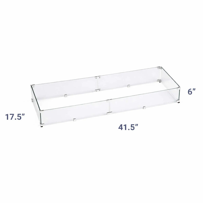 Measurement diagram of a rectangular tempered glass fire pit wind guard displaying a 41.5-inch width and 17.5-inch depth and 6" height for wider linear fire pit installations.