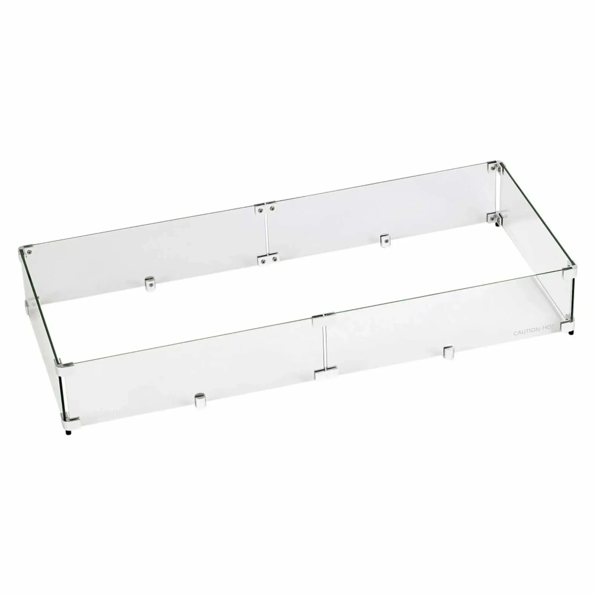 Large rectangular fire pit tempered glass wind guard constructed with thick clear glass panels and stainless steel fasteners, suitable for custom outdoor fire features.