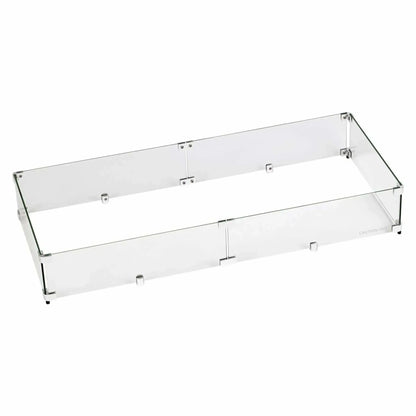 Large rectangular fire pit tempered glass wind guard constructed with thick clear glass panels and stainless steel fasteners, suitable for custom outdoor fire features.