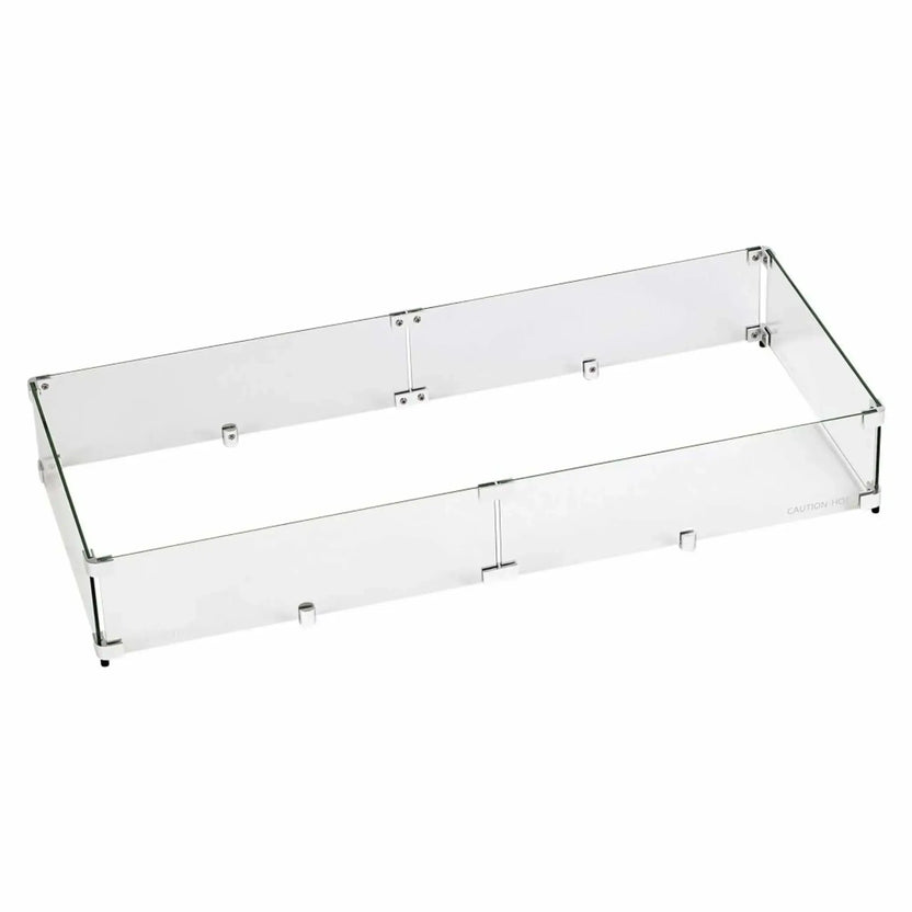 Large rectangular fire pit tempered glass wind guard constructed with thick clear glass panels and stainless steel fasteners, suitable for custom outdoor fire features.