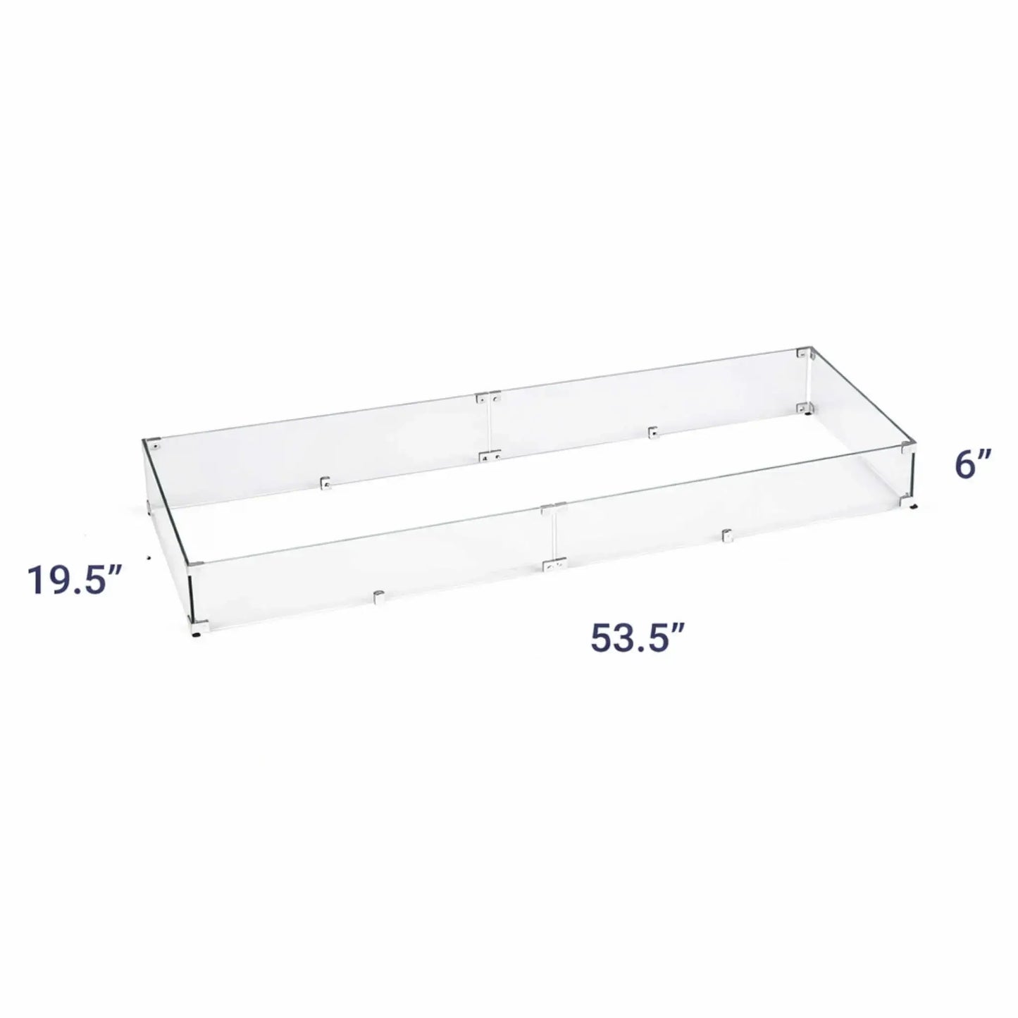 Dimension-labeled image of a rectangular tempered glass fire pit wind guard measuring 53.5 inches long by 19.5 inches depth and 6 inch height, designed for large custom fire pit builds.