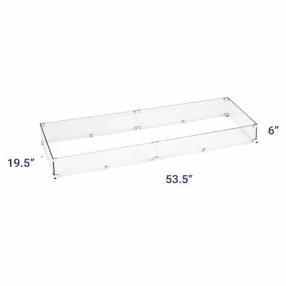 Dimension-labeled image of a rectangular tempered glass fire pit wind guard measuring 53.5 inches long by 19.5 inches depth and 6 inch height, designed for large custom fire pit builds.