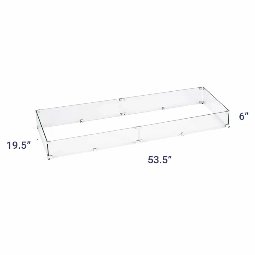 Dimension-labeled image of a rectangular tempered glass fire pit wind guard measuring 53.5 inches long by 19.5 inches depth and 6 inch height, designed for large custom fire pit builds.