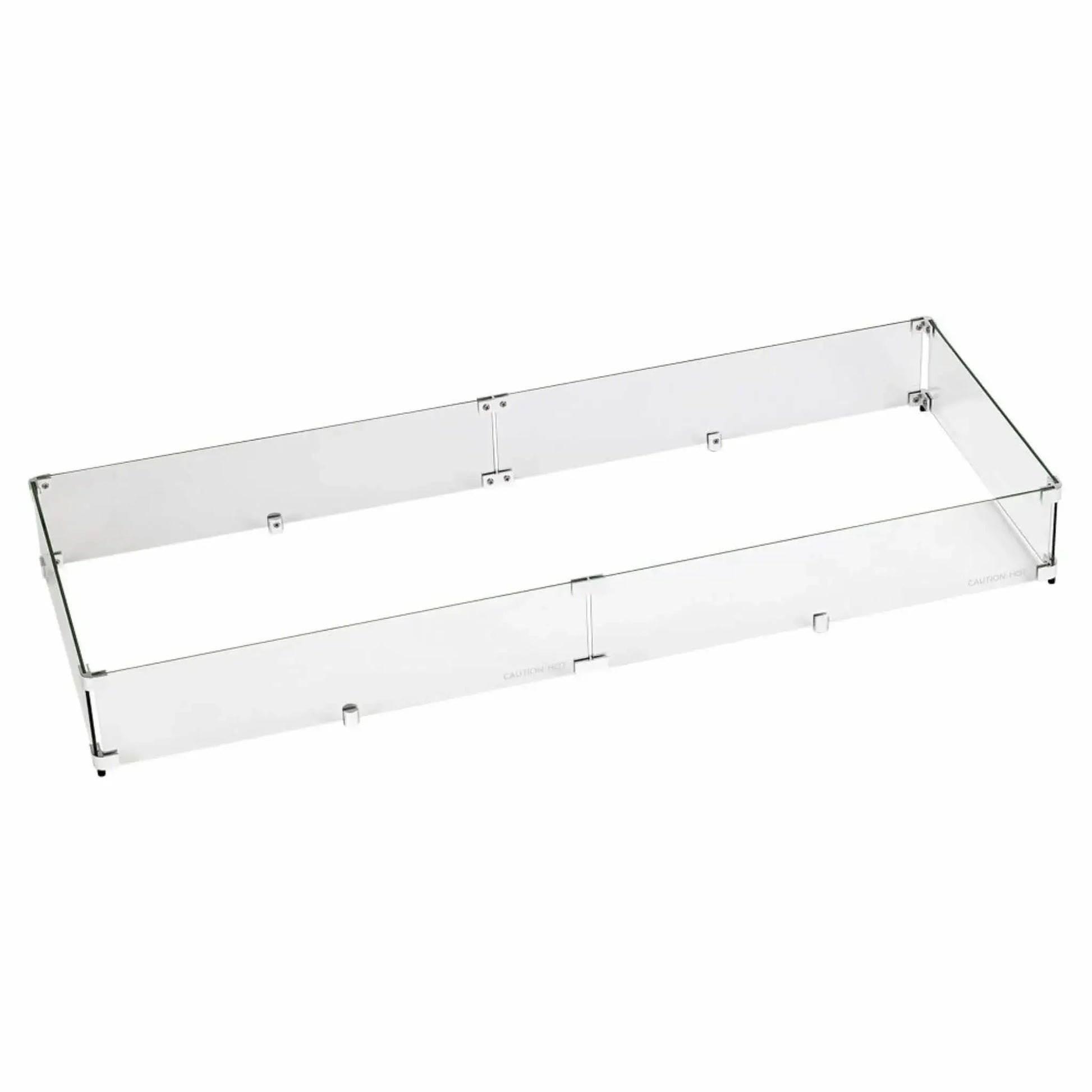 Extra-large rectangular tempered glass wind guard for outdoor fire pits, featuring tall clear glass panels designed to reduce wind interference and improve flame performance.