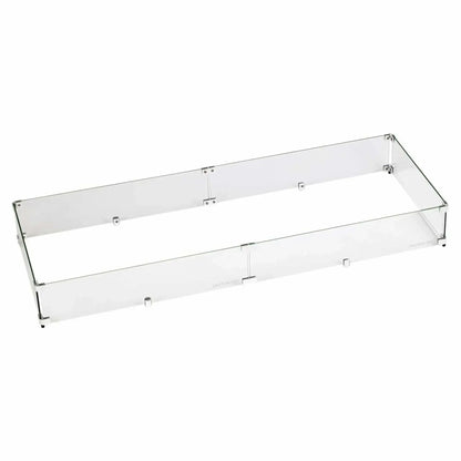 Extra-large rectangular tempered glass wind guard for outdoor fire pits, featuring tall clear glass panels designed to reduce wind interference and improve flame performance.