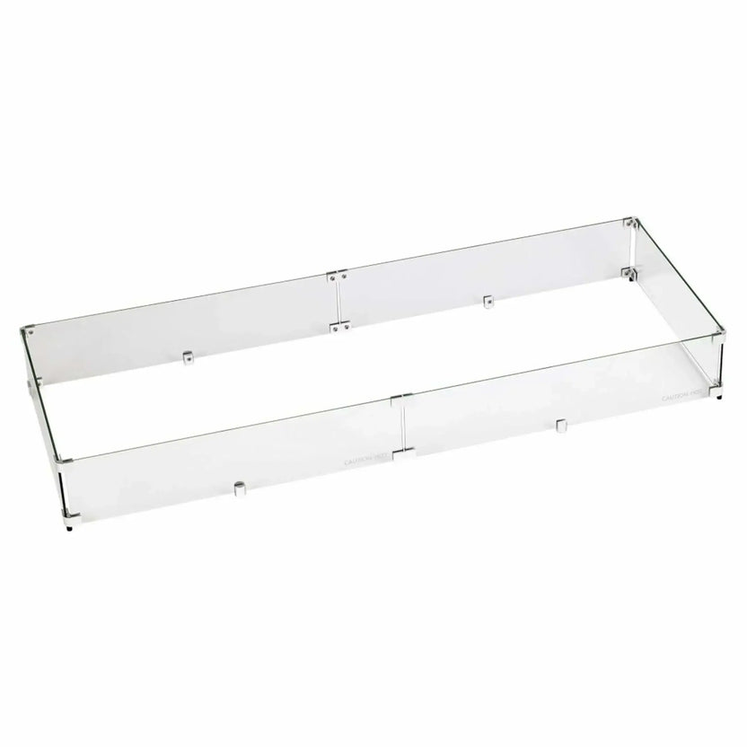 Extra-large rectangular tempered glass wind guard for outdoor fire pits, featuring tall clear glass panels designed to reduce wind interference and improve flame performance.