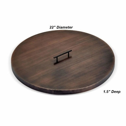 22-inch round oil rubbed bronze burner cover showing a flat circular design with a subtle brushed texture, centered black handle, and labeled dimensions indicating a 22-inch diameter and 1.5-inch depth.