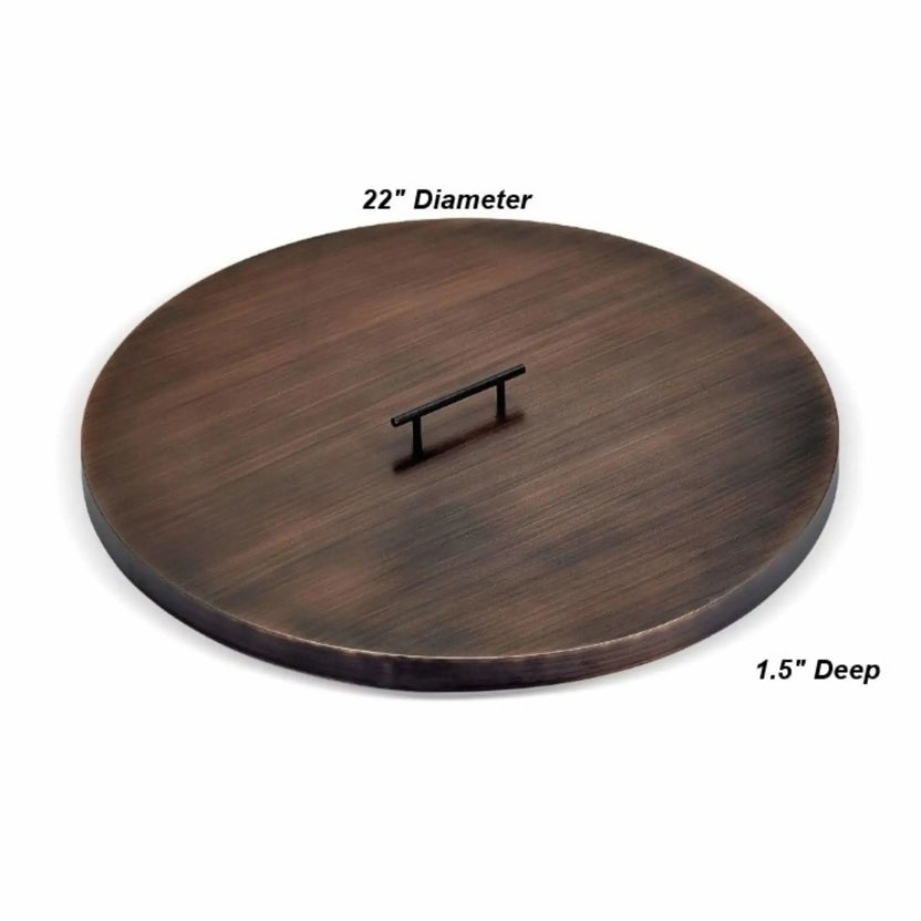 22-inch round oil rubbed bronze burner cover showing a flat circular design with a subtle brushed texture, centered black handle, and labeled dimensions indicating a 22-inch diameter and 1.5-inch depth.
