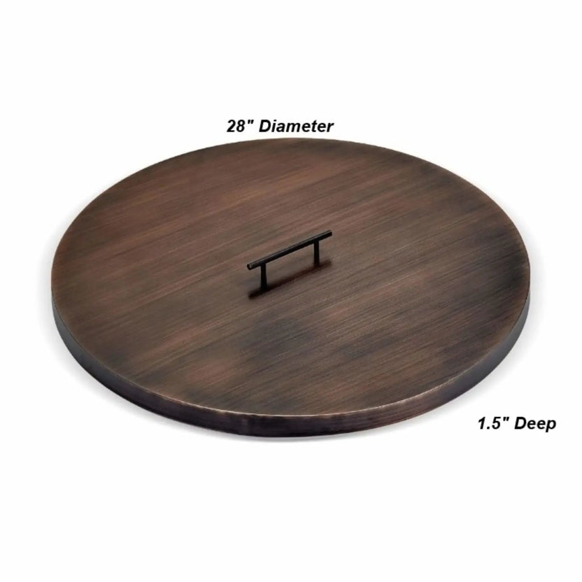 28-inch round oil rubbed bronze burner cover with a rich dark bronze brushed finish, centered handle, and dimension callouts showing a 28-inch diameter and 1.5-inch depth for larger fire pit openings.