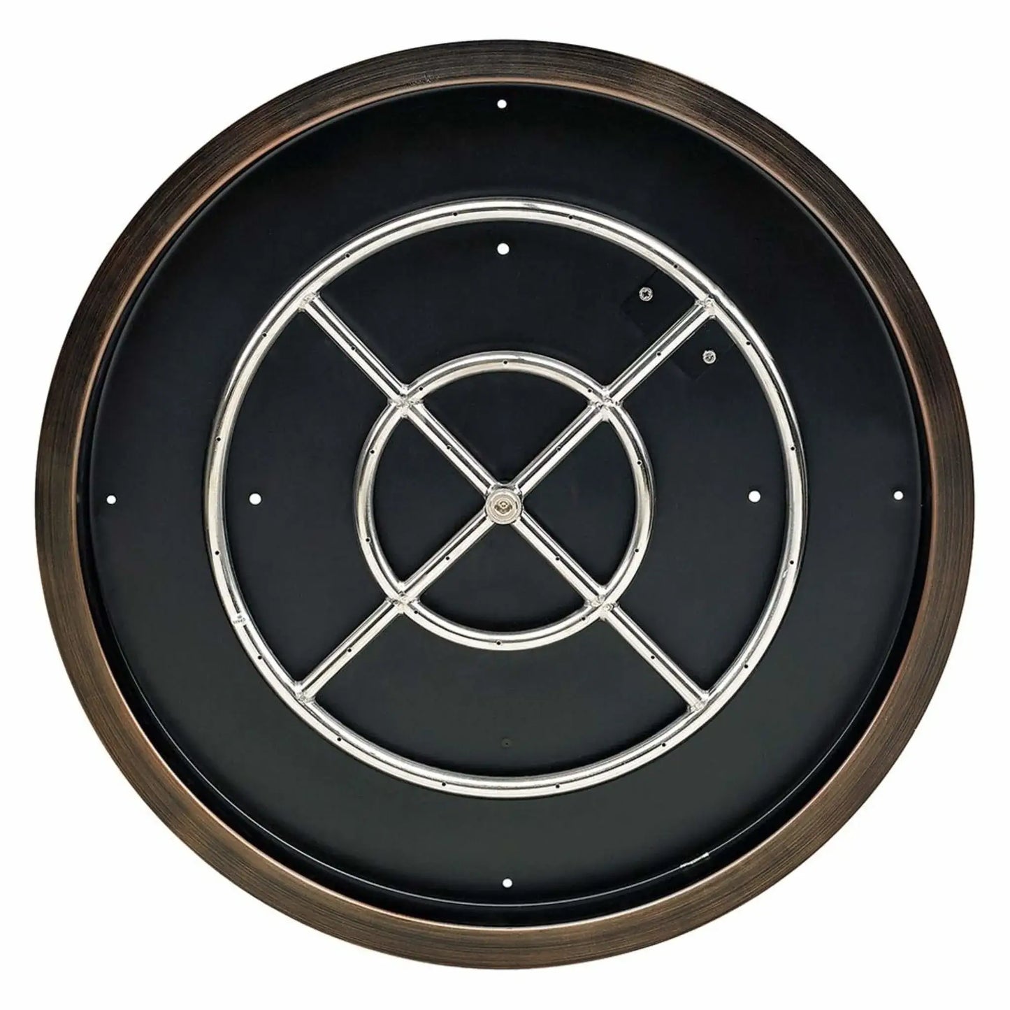 Top-down view of a round oil rubbed bronze fire pit burner pan showing the centered stainless steel burner ring with evenly spaced gas ports and reinforced cross bars.