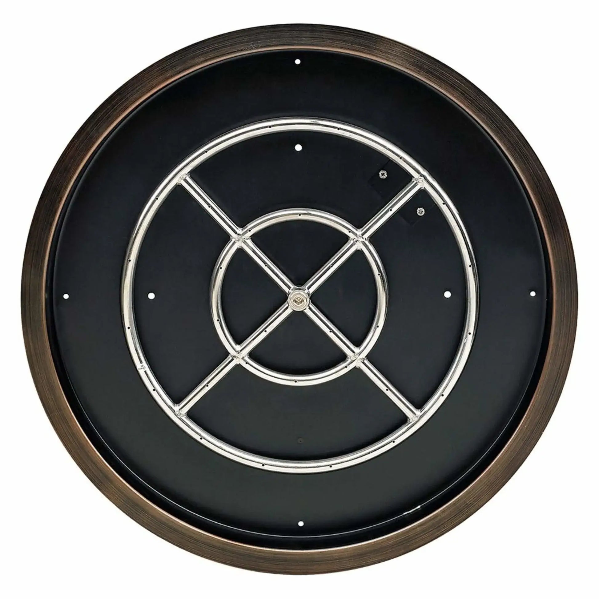Top-down view of a round oil rubbed bronze fire pit burner pan showing the centered stainless steel burner ring with evenly spaced gas ports and reinforced cross bars.