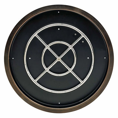 Top-down view of a round oil rubbed bronze fire pit burner pan showing the centered stainless steel burner ring with evenly spaced gas ports and reinforced cross bars.
