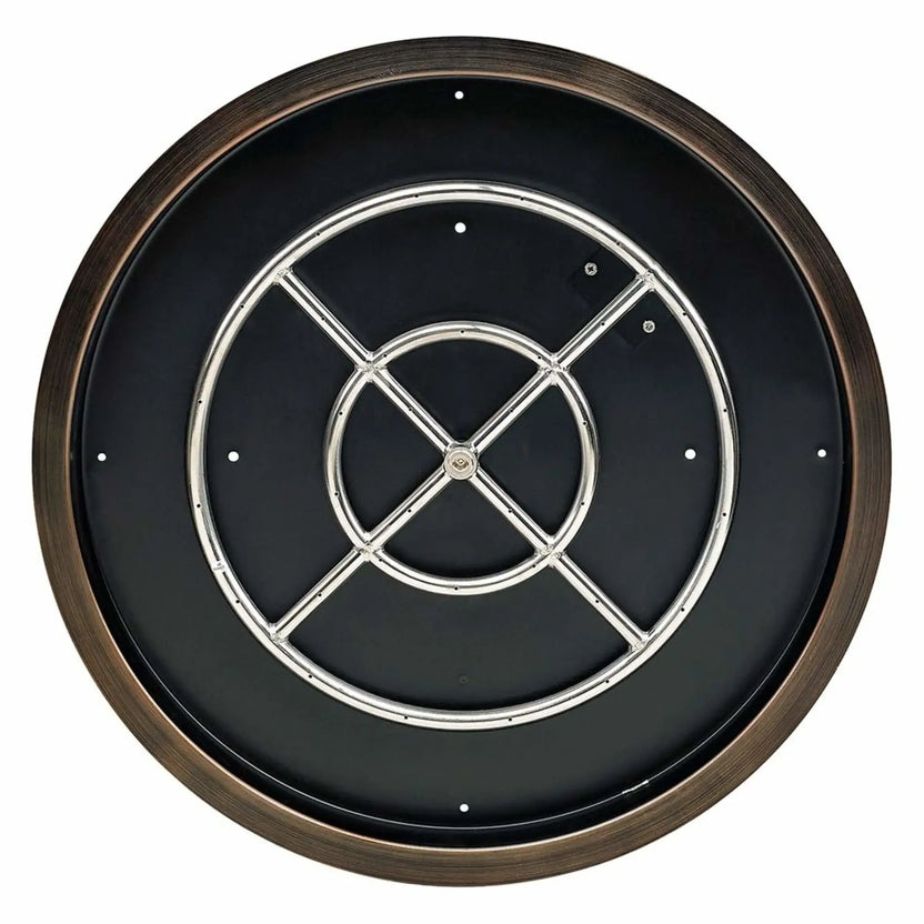 Top-down view of a round oil rubbed bronze fire pit burner pan showing the centered stainless steel burner ring with evenly spaced gas ports and reinforced cross bars.