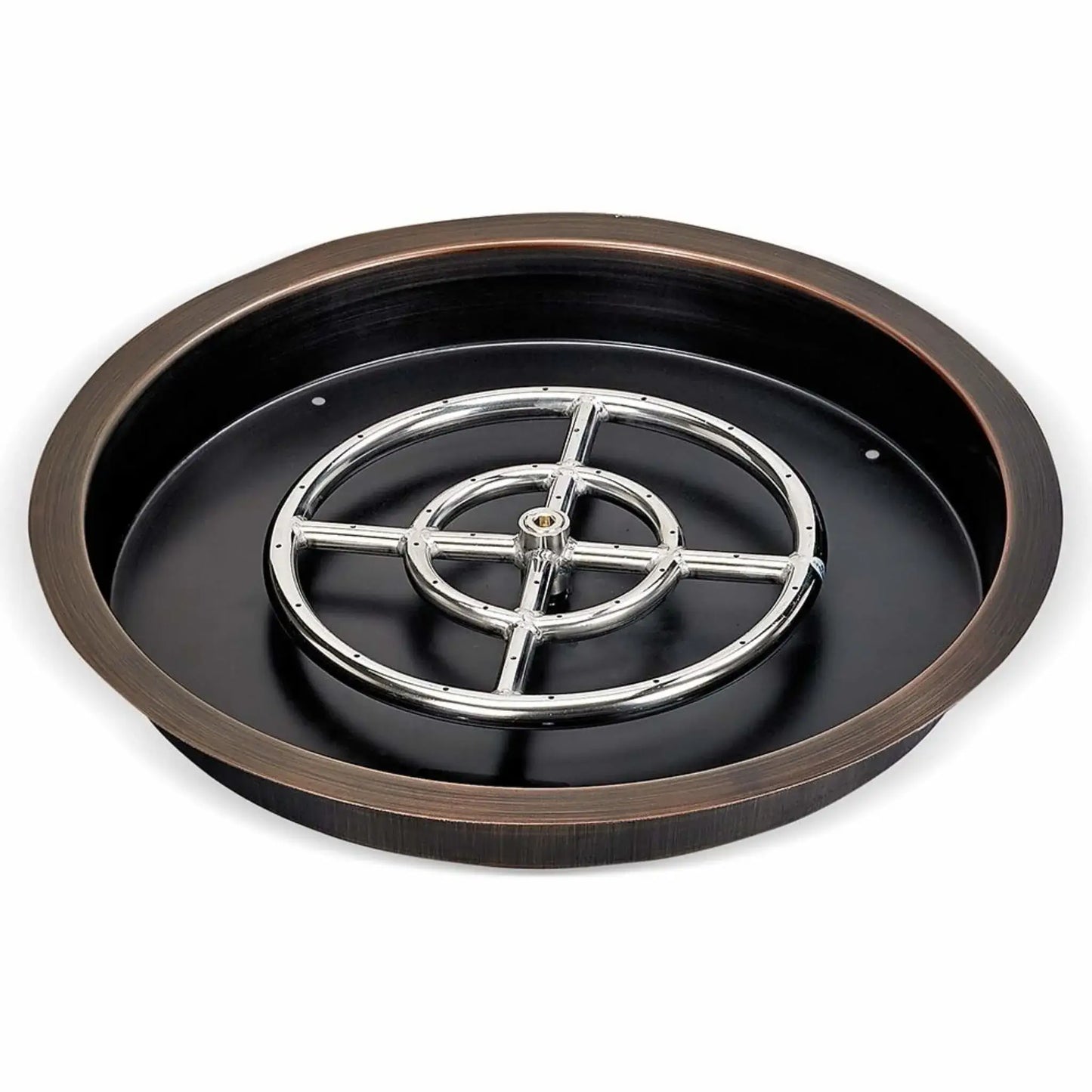 Oil rubbed bronze round drop-in fire pit burner pan with a dark interior finish and polished stainless steel burner ring, designed for outdoor gas fire pit installations.
