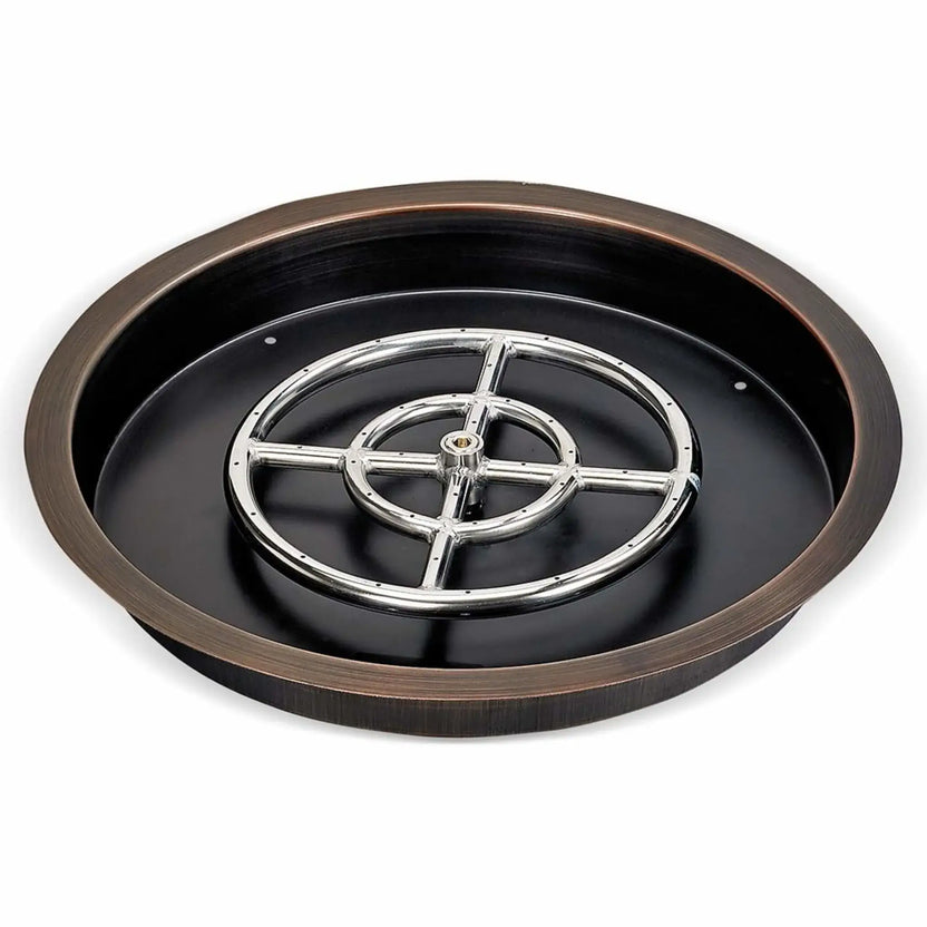 Oil rubbed bronze round drop-in fire pit burner pan with a dark interior finish and polished stainless steel burner ring, designed for outdoor gas fire pit installations.