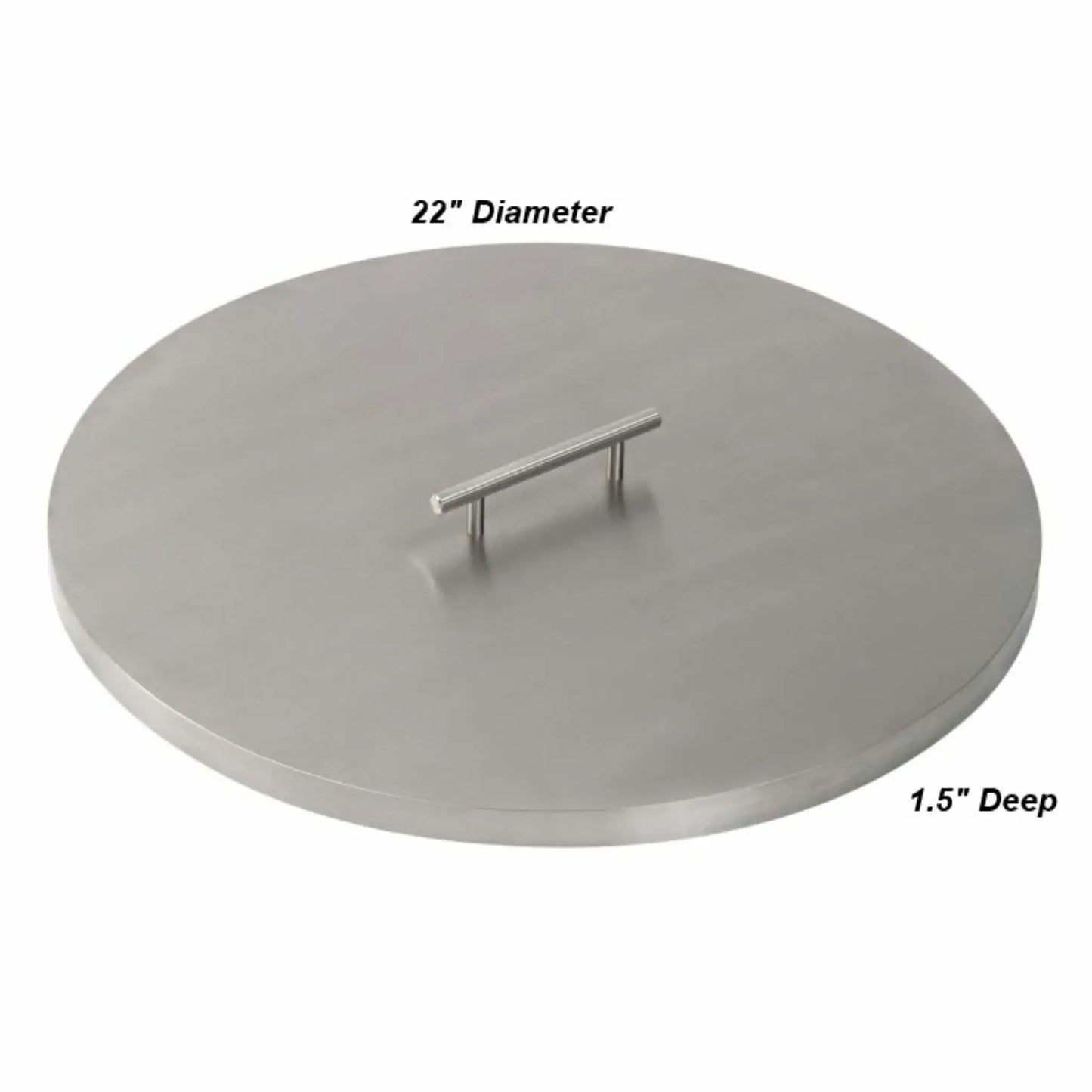 22-inch round stainless steel burner cover displayed with dimension labels, showcasing a smooth brushed metal surface, centered handle, and low-profile design measuring 1.5 inches deep.