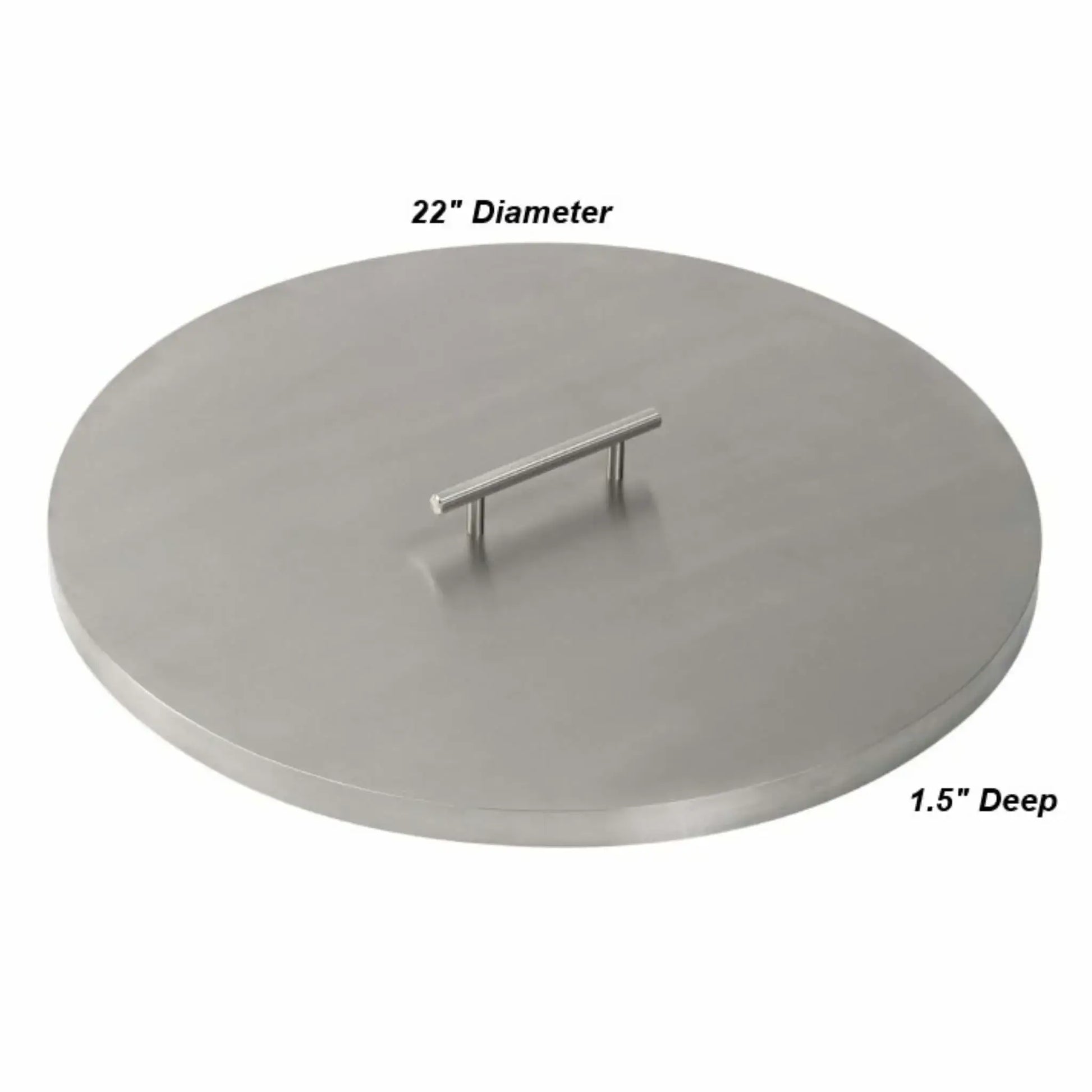 22-inch round stainless steel burner cover displayed with dimension labels, showcasing a smooth brushed metal surface, centered handle, and low-profile design measuring 1.5 inches deep.