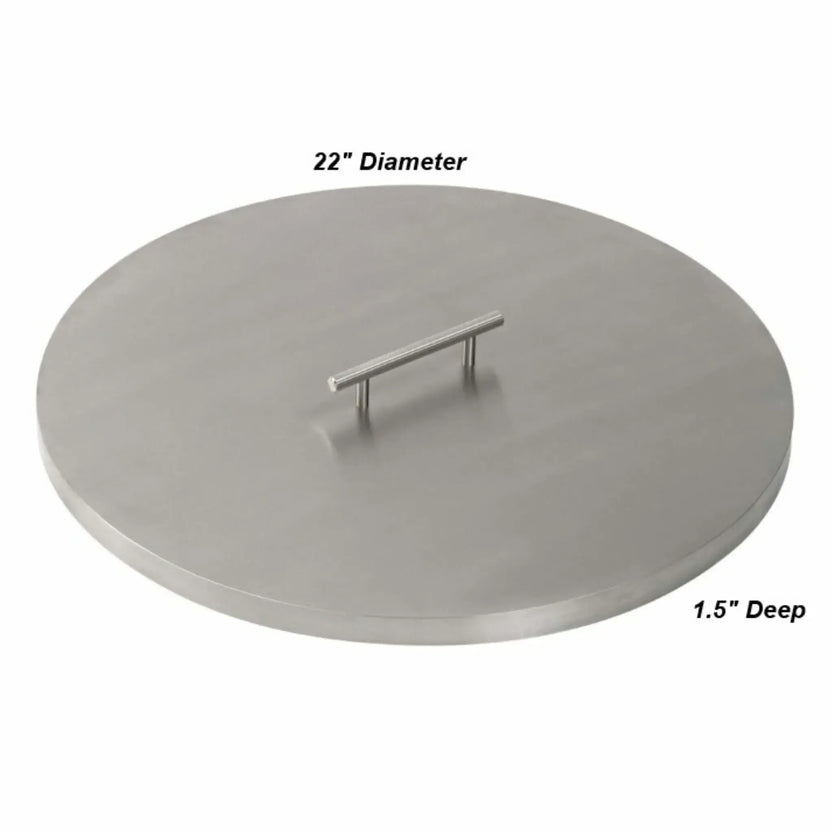 22-inch round stainless steel burner cover displayed with dimension labels, showcasing a smooth brushed metal surface, centered handle, and low-profile design measuring 1.5 inches deep.