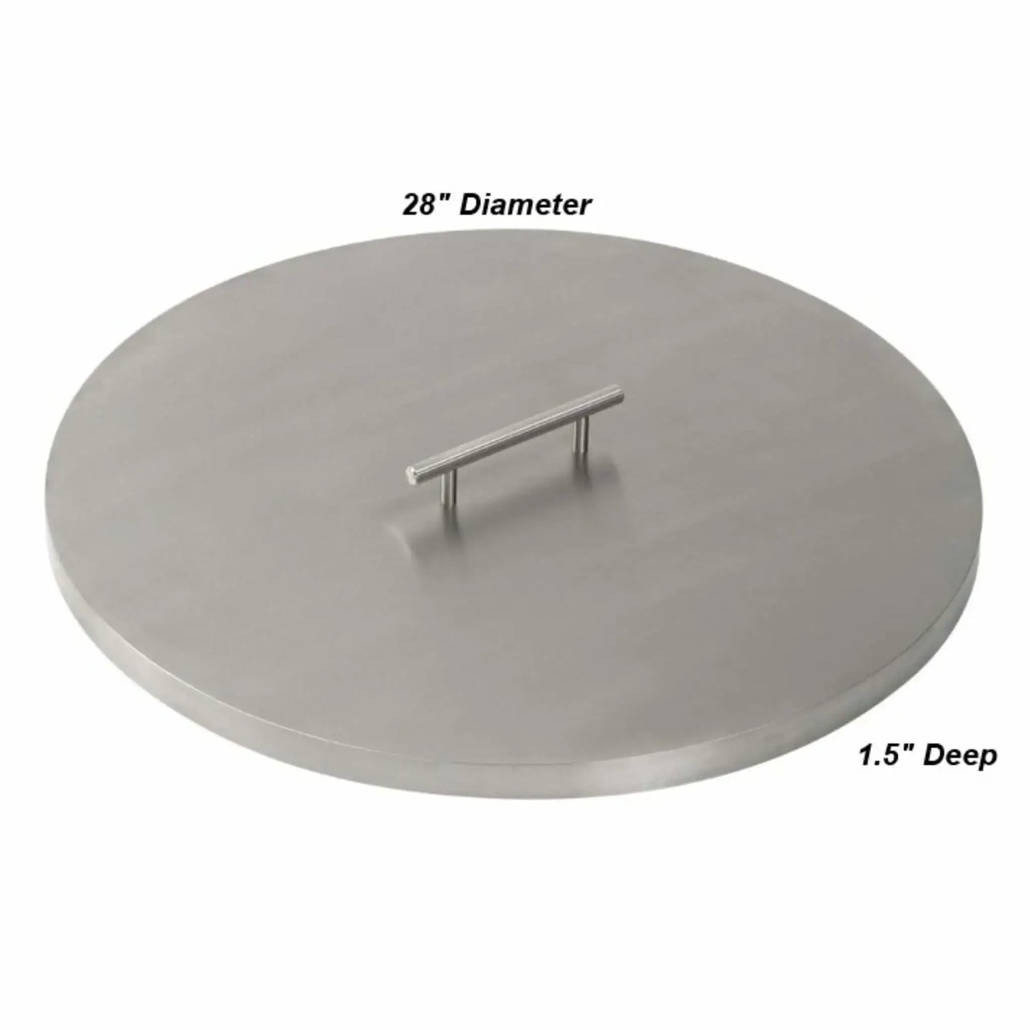 Large 28-inch round stainless steel fire pit burner cover with a sleek brushed finish, raised center handle, and clearly marked dimensions indicating a 28-inch diameter and 1.5-inch thickness.