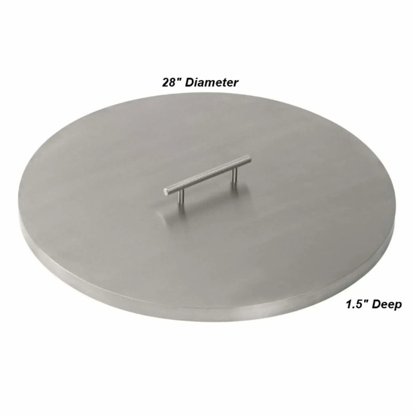 Large 28-inch round stainless steel fire pit burner cover with a sleek brushed finish, raised center handle, and clearly marked dimensions indicating a 28-inch diameter and 1.5-inch thickness.