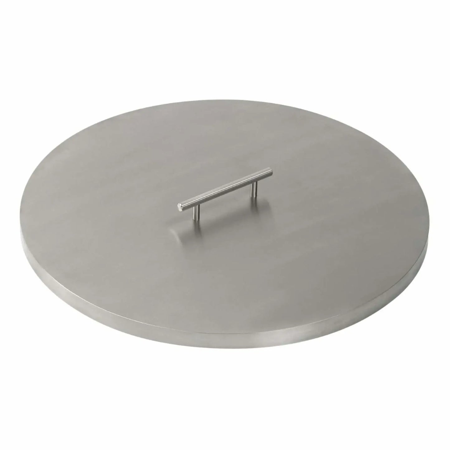 Round stainless steel fire pit burner cover featuring a clean brushed surface, softly rounded edges, and a centered stainless handle, ideal for protecting fire pit burners when not in use.