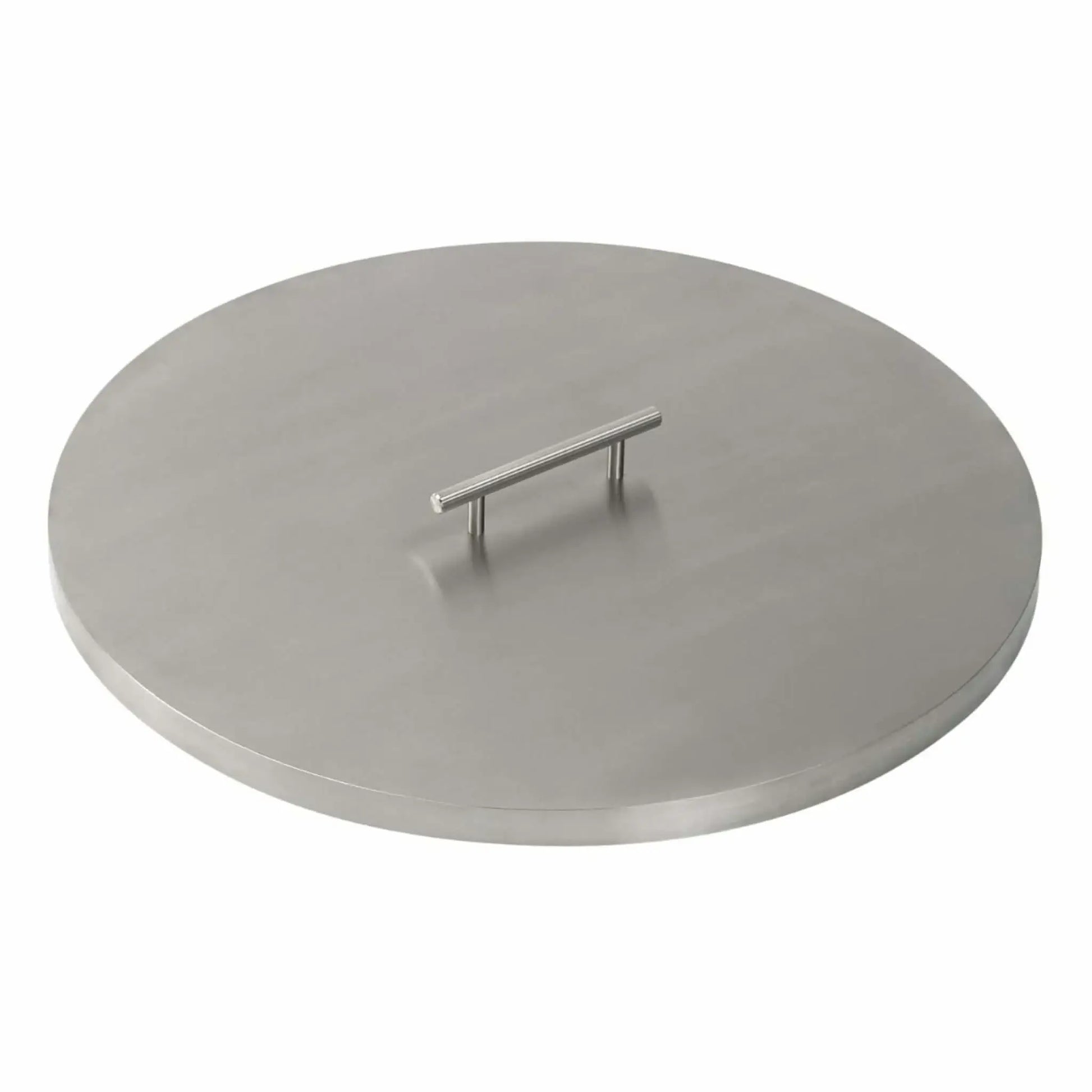 Round stainless steel fire pit burner cover featuring a clean brushed surface, softly rounded edges, and a centered stainless handle, ideal for protecting fire pit burners when not in use.