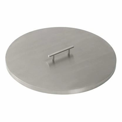 Round stainless steel fire pit burner cover featuring a clean brushed surface, softly rounded edges, and a centered stainless handle, ideal for protecting fire pit burners when not in use.