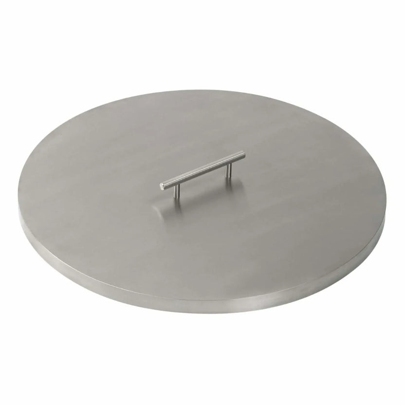 Round stainless steel fire pit burner cover featuring a clean brushed surface, softly rounded edges, and a centered stainless handle, ideal for protecting fire pit burners when not in use.