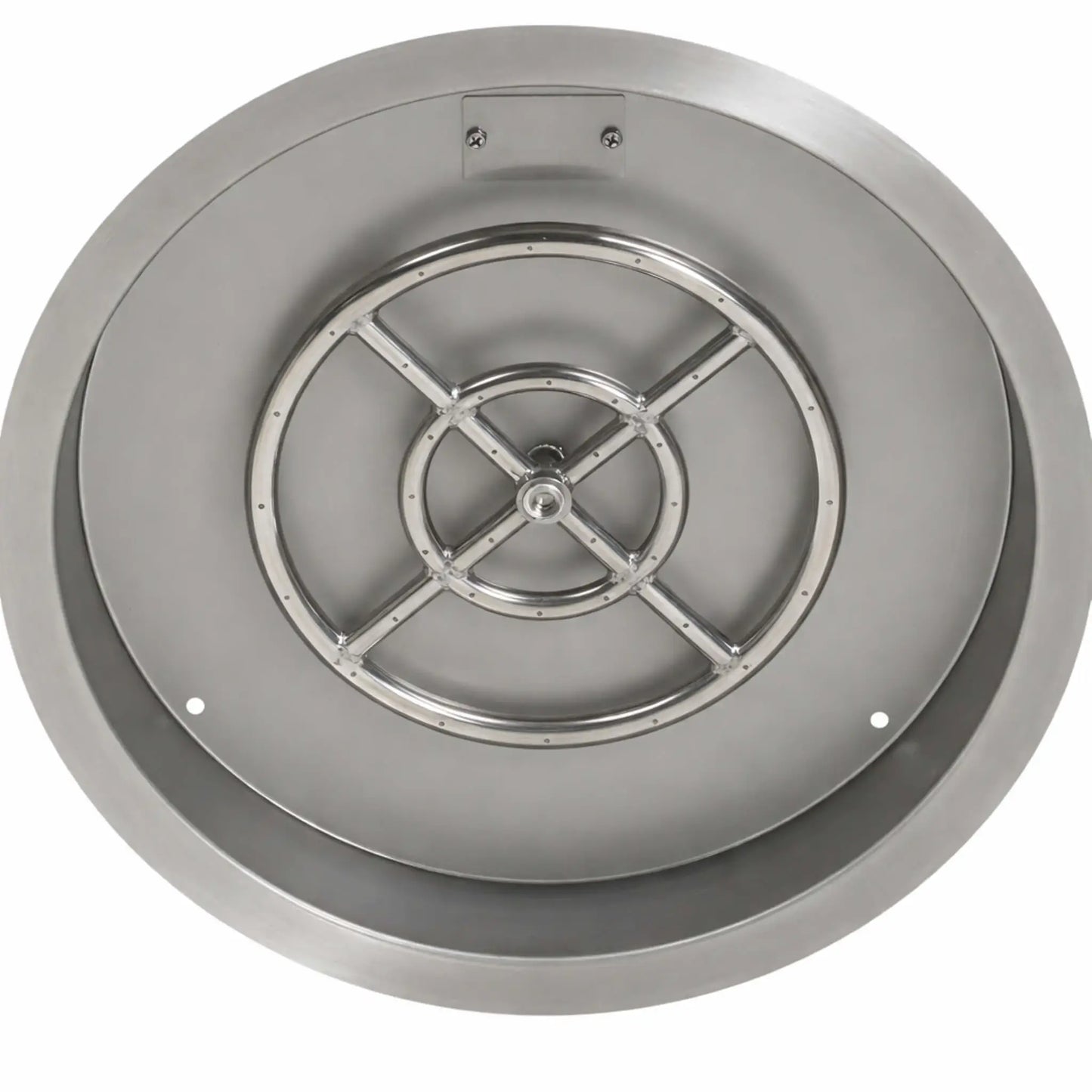 Overhead view of a stainless steel round fire pit burner pan highlighting the symmetrical burner ring design and precision-drilled burner ports.