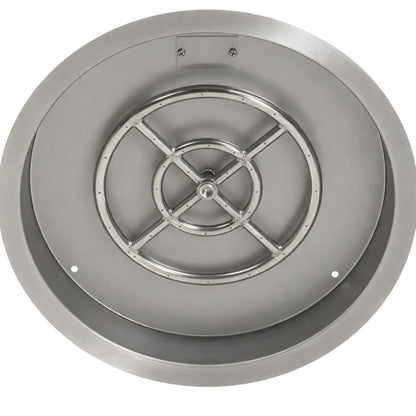Overhead view of a stainless steel round fire pit burner pan highlighting the symmetrical burner ring design and precision-drilled burner ports.