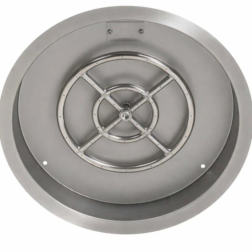 Overhead view of a stainless steel round fire pit burner pan highlighting the symmetrical burner ring design and precision-drilled burner ports.