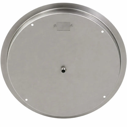 Bottom view of a round stainless steel drop-in fire pit burner pan showing the smooth underside, central gas inlet connection, and mounting points for secure outdoor installation.