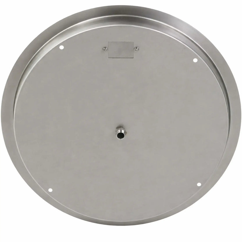 Bottom view of a round stainless steel drop-in fire pit burner pan showing the smooth underside, central gas inlet connection, and mounting points for secure outdoor installation.
