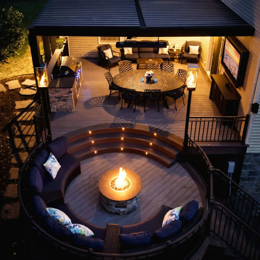 Elevated view of a custom outdoor living space featuring a round fire pit with stainless steel burner pan at the center of curved seating, surrounded by a covered deck, outdoor kitchen, and warm evening lighting.