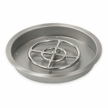 Round stainless steel drop-in fire pit burner pan with a brushed metal finish and circular stainless steel burner ring, engineered for even flame distribution in outdoor fire pits.