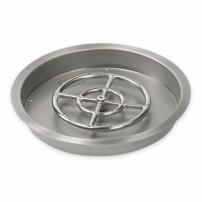 Round stainless steel drop-in fire pit burner pan with a brushed metal finish and circular stainless steel burner ring, engineered for even flame distribution in outdoor fire pits.